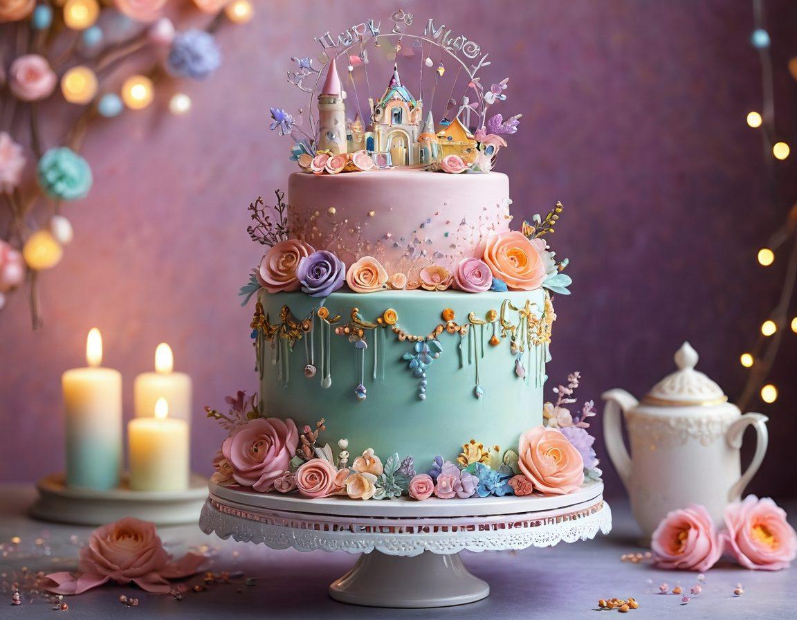 A whimsical cake decorated with intricate designs, showcasing a variety of flavors and styles like a floral motif, whimsical characters, and elegant patterns. Surround the cake with a vibrant array of colorful pastries and baking tools, highlighting the magical journey of pastry art. Enchanting background with sparkling fairy lights and a soft dreamy atmosphere. pastel colors. painting.