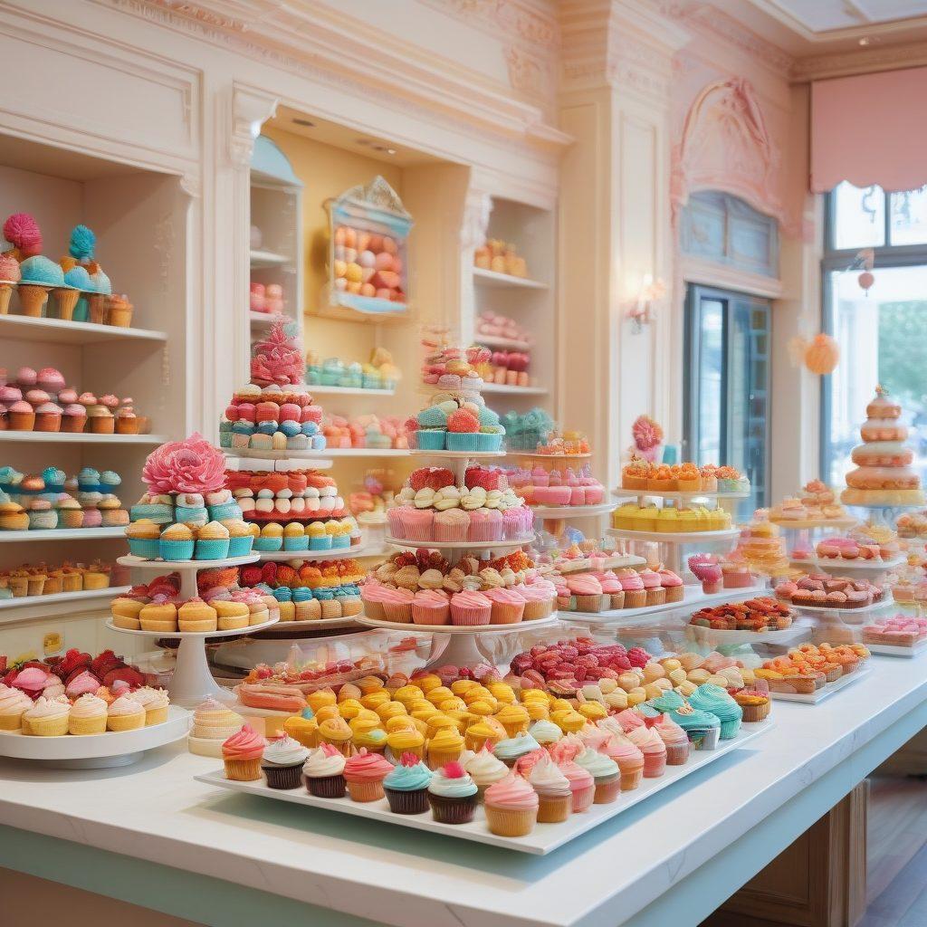 A whimsical baking exhibition scene featuring colorful pastry displays, adorned with intricate frosting designs and vibrant flowers. Chefs and visitors interact joyfully, surrounded by a variety of sweet treats like cupcakes, macarons, and sculpted cakes. Soft natural lighting enhances the delightful atmosphere, with a backdrop of charming banners and festive decorations. The overall vibe is cheerful and inviting, perfect for showcasing the joy of baking. pastel colors. vibrant details. 3D.