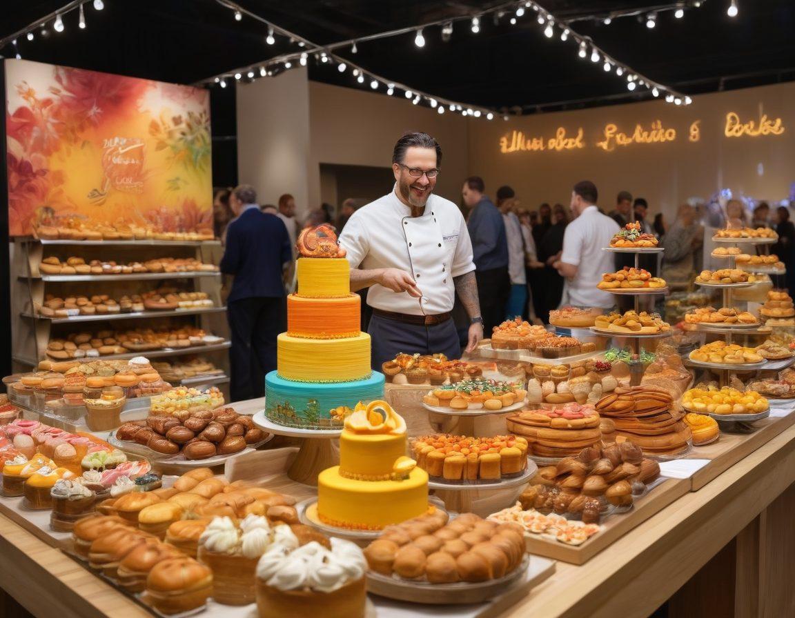 A lively bake exhibition scene bustling with food enthusiasts, showcasing colorful and intricately designed pastries, cakes, and bread on elegantly arranged tables. In the foreground, a joyful baker is presenting a stunning multi-tiered cake, surrounded by delighted guests sampling treats. The background features decorative banners and warm lighting, capturing the essence of community and culinary craftsmanship. vibrant colors. super-realistic. cheerful atmosphere.